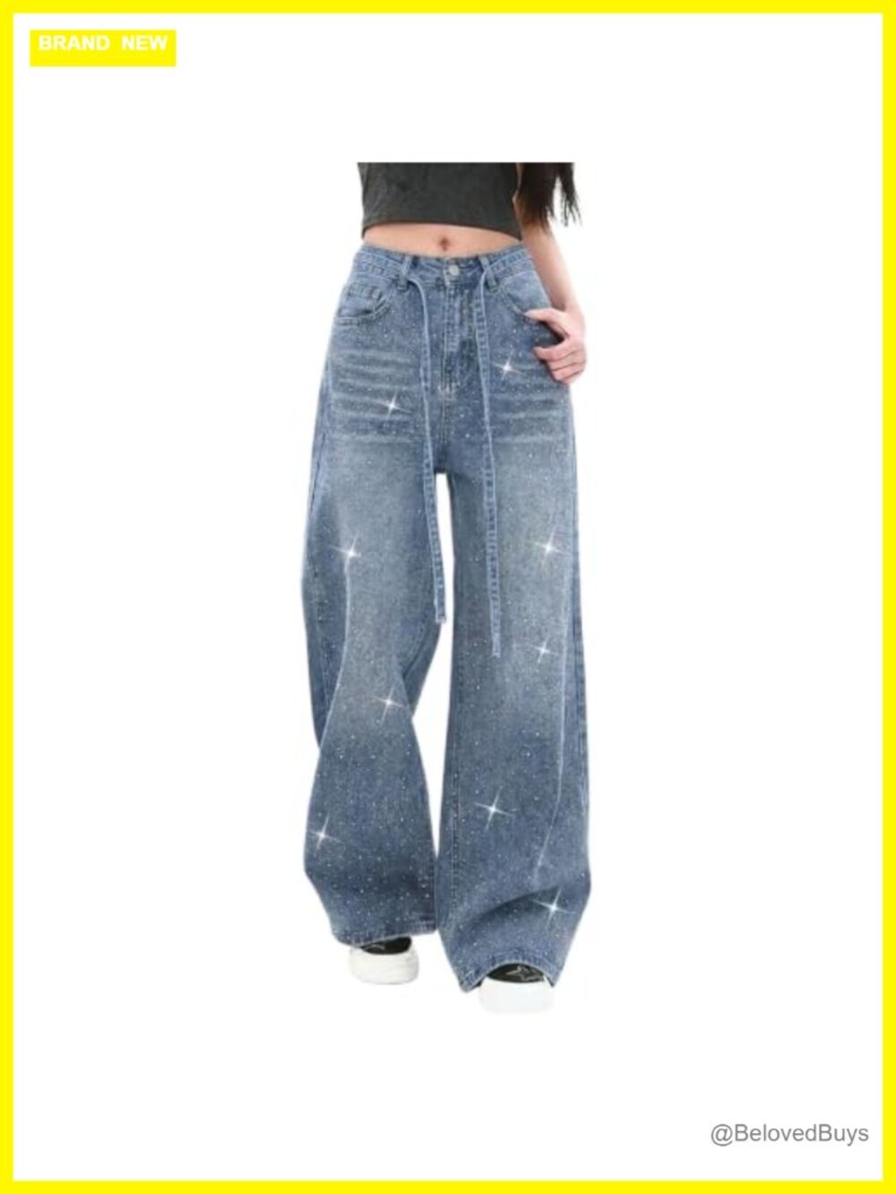 Rhinestone Baggy Straight Leg High Waisted Boyfriend Jeans Women